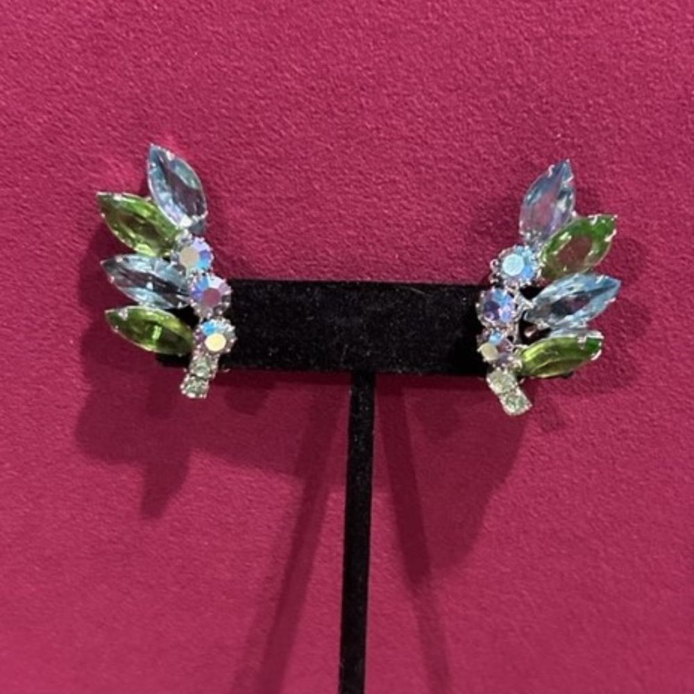 VTG WEISS aurora borealis Blue Green Rhinestone EARRINGS
